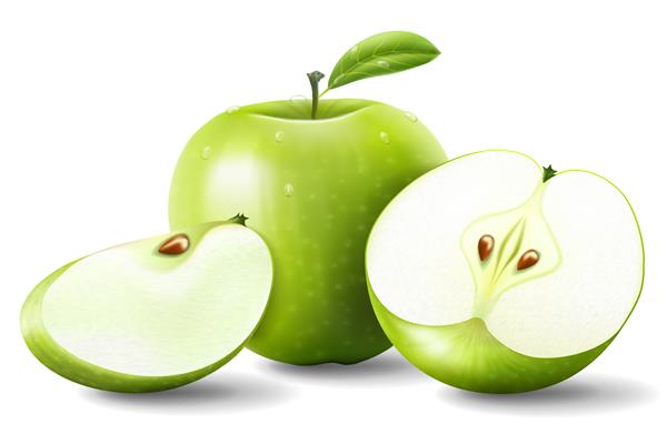 سیب سبز با برگ سبز و تکه سیب - تصویر وکتور