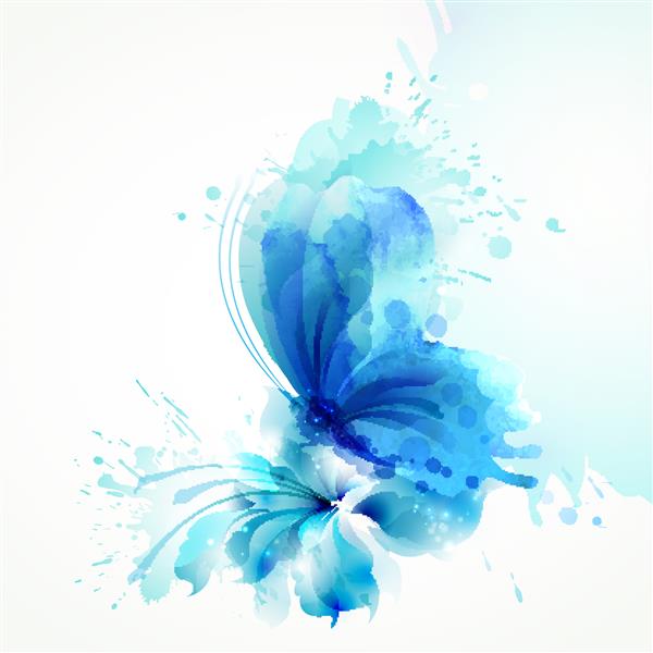 پروانه شفاف انتزاعی آبرنگ زیبا روی گل آبی در پس‌زمینه سفید تصویر وکتور