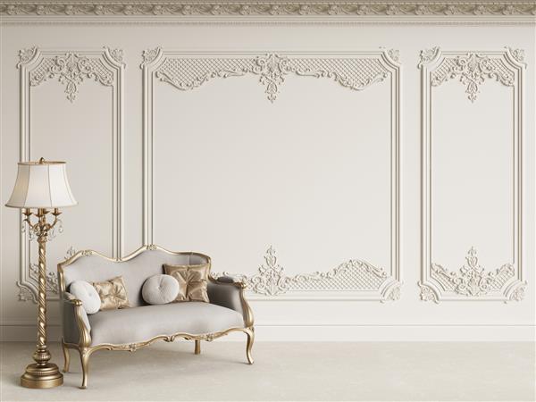 موکاپ مبلمان کلاسیک در فضای داخلی کلاسیک با فضای کپی دیوارهای سفید با قالب گیری و قرنیز تزئین شده تصویرسازی دیجیتال رندر سه بعدی