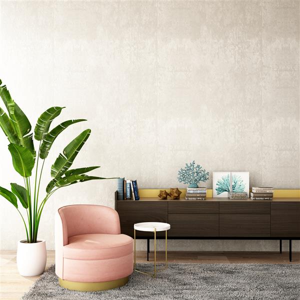 موکاپ طراحی داخلی برای قسمت نشیمن یا پذیرایی با فرش خاکستری صندلی راحتی گیاه کابینت روی کف چوبی و پس زمینه بتنی تصویر سه بعدی رندر سه بعدی