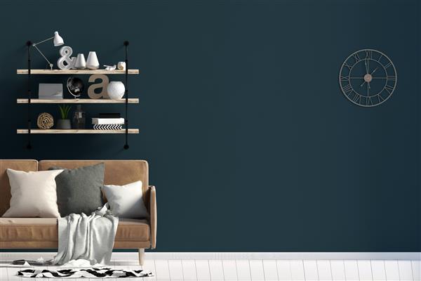 طراحی داخلی مدرن به سبک اسکاندیناوی با مبل و قفسه ماکت کردن دیوار تصویرسازی سه بعدی