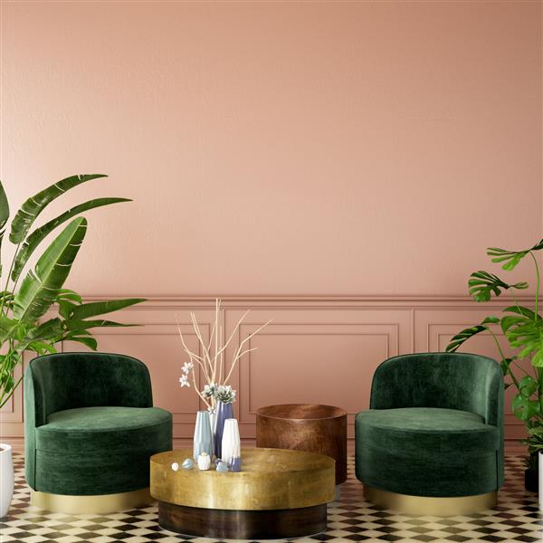 موکاپ طراحی داخلی برای قسمت نشیمن یا پذیرایی با دیوار صورتی عمیق صندلی صندلی گیاه روی کاشی و پس زمینه دیوار کلاسیک سبز و صورتی تصویر سه بعدی رندر سه بعدی
