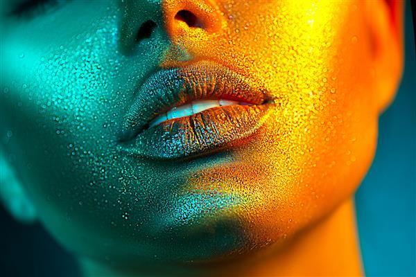 مدل مد چهره پوستی زن با درخشش های روشن چراغ های نئون رنگارنگ میکاپ پوست طلایی براق