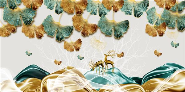 تصویر سه بعدی از برگ طلایی و گوزن نقاشی دیجیتال هنر انتزاعی مجلل برای کاغذ دیواری