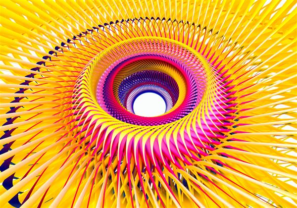 رندر سه بعدی هنر انتزاعی با بخشی از با موتور توربین سورئال با پره های ساختار چرخشی مارپیچی یا گل خورشید ستاره ای به رنگ زرد فوق العاده روشن و بنفش و شیب قرمز