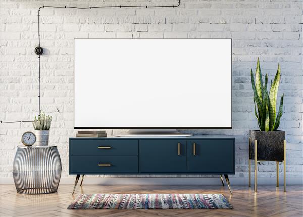 موکاپ صفحه نمایش خالی تلویزیون هوشمند در فضای داخلی اتاق زیر شیروانی با دیوار آجری کابینت آبی شیک