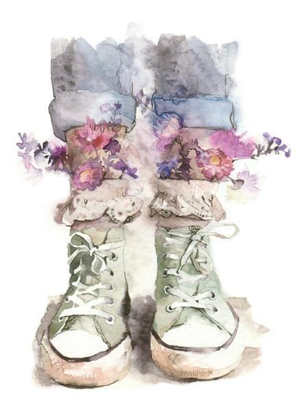 نقاشی آبرنگ روی پس‌زمینه سفید نمای نزدیک از پاها با شلوار جین و کفش‌های کتانی