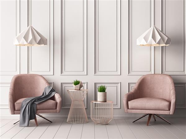 موکاپ فضای داخلی پاستلی به سبک کلاسیک با صندلی های نرم و لامپ رندر سه بعدی