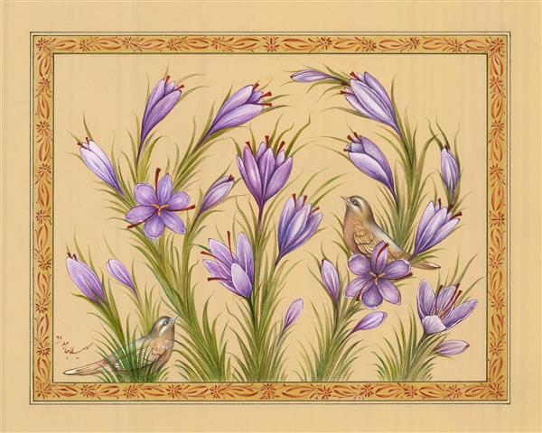 گل و مرغ زعفرانی اثر سهیلا جاهد نقاشی مینیاتور و نگارگری ایرانی پرنده های زیبا