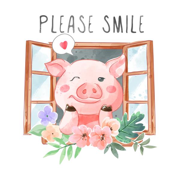 شعار لبخند و خوک ناز در تصویر پنجره و گل