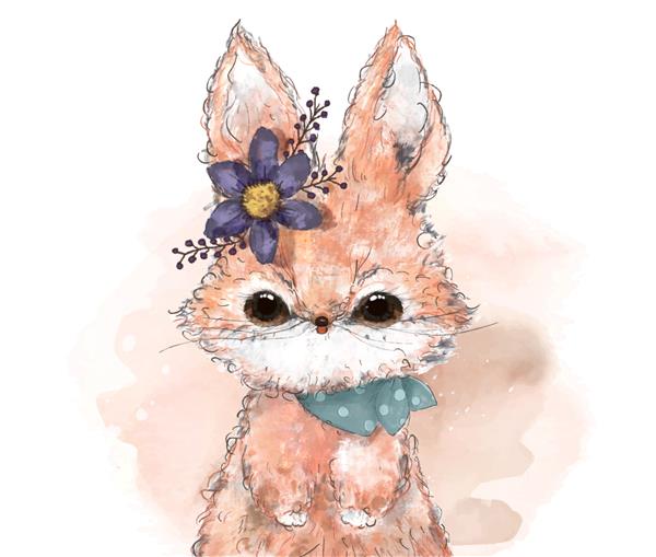 روباه خزدار کرکی استوایی با آبرنگ روی شاخه ای با گل های استوایی هنر دیوار سافاری
