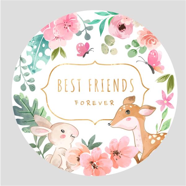 شعار بهترین دوستان با گل های رنگارنگ و حیوانات زیبا