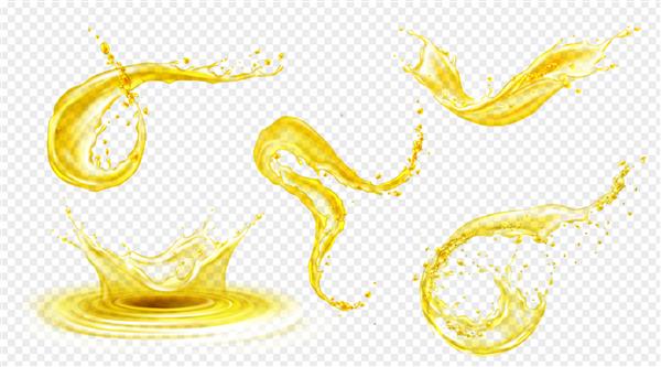 آب پرتقال آب لیمو یا روغن پاشیده شده نوشیدنی زرد مایع همراه با قطره عناصر نوشیدنی میوه ای برای تبلیغات یا طراحی بسته بندی جت های تازه و روان مجموعه سه بعدی واقع گرایانه چکه می کند