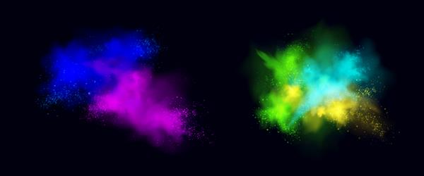 انفجار پودر رنگی جدا شده در پس زمینه سیاه پاشیدن و پاشش گرد و غبار رنگ با ذرات مجموعه ای واقع گرایانه از اثر انفجاری ابرهای پودری رنگارنگ