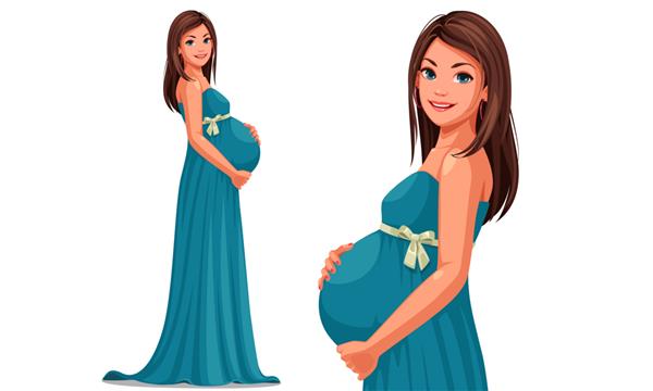 زن باردار زیبا با لباس بلند آبی که شکمش را گرفته است
