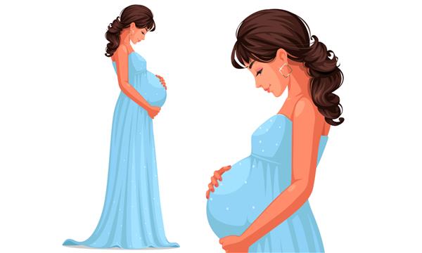 زن باردار زیبا با لباس بلند آبی آسمانی که شکمش را گرفته است