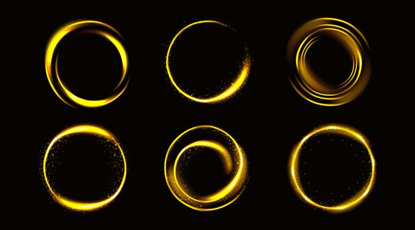 دایره‌های طلایی با درخشش قاب‌های گرد طلایی حاشیه‌های براق با گرد و غبار پری یا زرق و برق حلقه‌های درخشان عناصر طراحی فانتزی جدا شده از تصویر برداری سه‌بعدی واقع‌گرایانه مجموعه