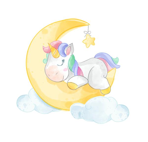 تصویر اسب شاخدار ناز در خواب روی ماه