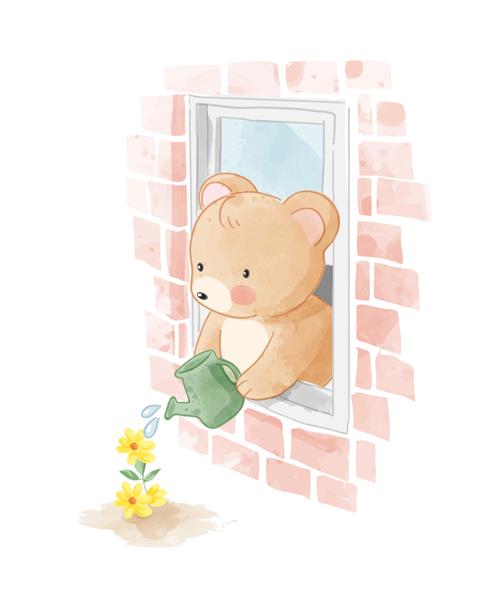 تصویر خرس کوچولو در حال آبیاری گل از طریق پنجره