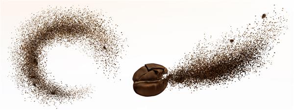 انفجار دانه قهوه و پودر جدا شده در پس زمینه سفید تصویر واقعی از قهوه آسیاب شده برشته شده خرد شده و ترکیدن دانه عربیکا با پاشیدن غبار قهوه ای