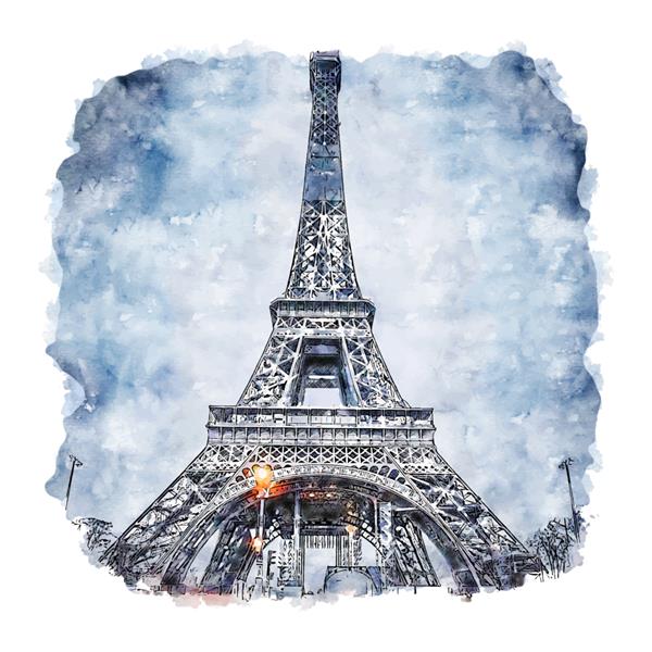 برج ایفل پاریس فرانسه طرح آبرنگ نقاشی دست کشیده