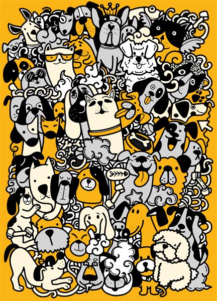 نقاشی دستی گروه سگ های دودل گونه های مختلف سگ برای کودکان تصویر برای کتاب رنگ آمیزی هر کدام در یک لایه جداگانه
