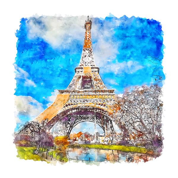 طرح آبرنگ برج ایفل پاریس فرانسه با دست کشیده شده است
