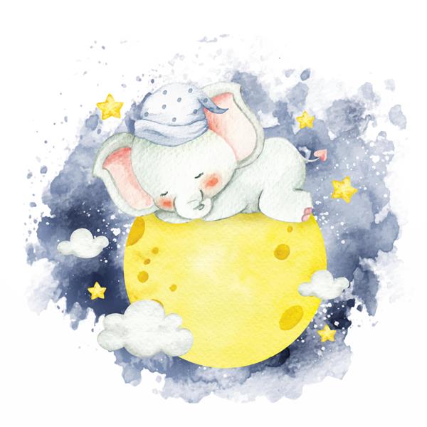 بچه فیل به سبک آبرنگ که روی ماه می خوابد