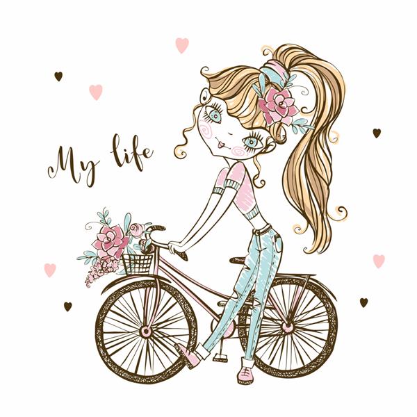 یک دختر نوجوان شیک زیبا با دوچرخه زندگی من وکتور