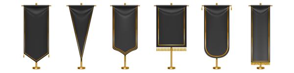 پرچم های بلند مشکی با حاشیه منگوله طلایی و حاشیه ایزوله قلم های منسوجات مشکی به اشکال مختلف روی ستون های طلایی