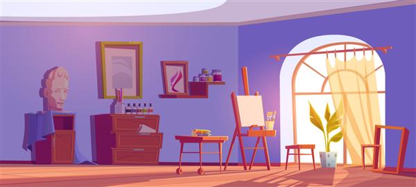 استودیو هنری با بوم و قلم مو روی سه پایه نقاشی روی قفسه ها و مدادهای رنگی