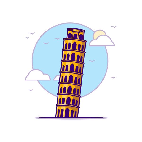 تصاویر برج پیزا مفهوم نشانه های سفید جدا شده است سبک کارتونی تخت