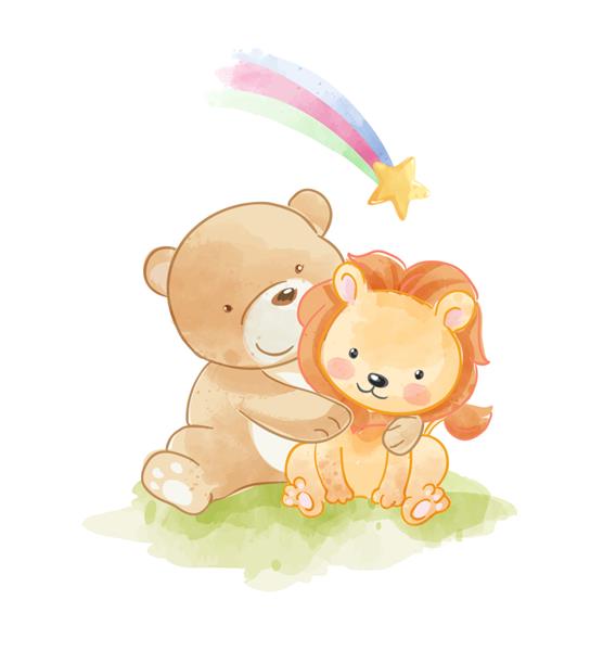 خرس ناز شیر دوست و ستاره رنگین کمان را در آغوش گرفته است