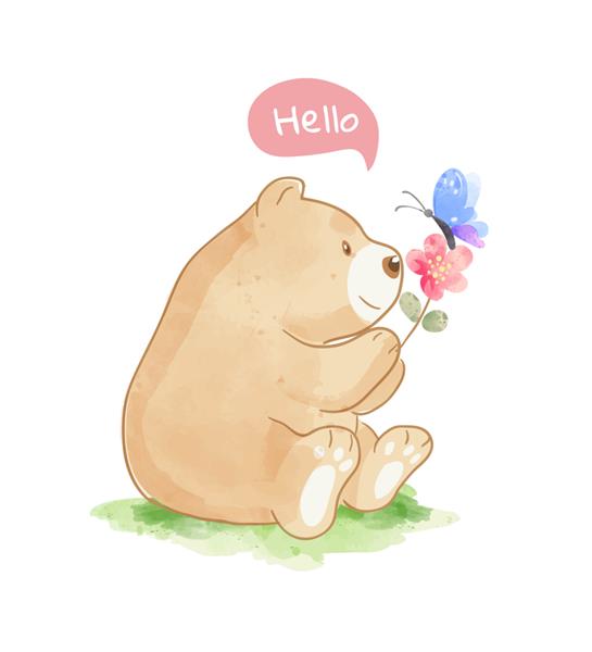 تصویر خرس بزرگ که گل و پروانه را در دست دارد