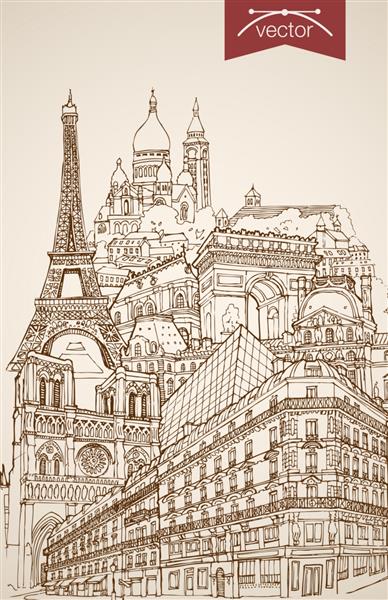 حکاکی مناظر و مکان های دیدنی دستی قدیمی در پاریس طرح مداد برج ایفل نوتردام پاریس گشت و گذار در طاق پیروزی سفر به فرانسه مفهومی