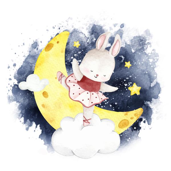 رقص خرگوش بالرین آبرنگ در آسمان شب
