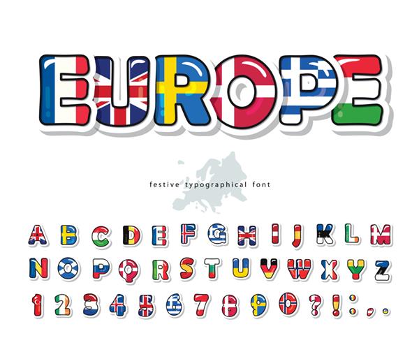 فونت کارتونی پرچم کشورهای اروپایی الفبای خلاقانه برای طراحی مفهومی