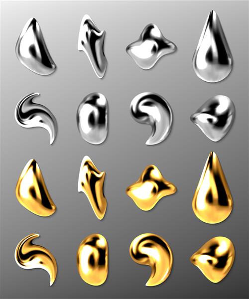 قطره های مایع طلا یا نقره جیوه انتزاعی سه بعدی و قطرات فلز طلایی
