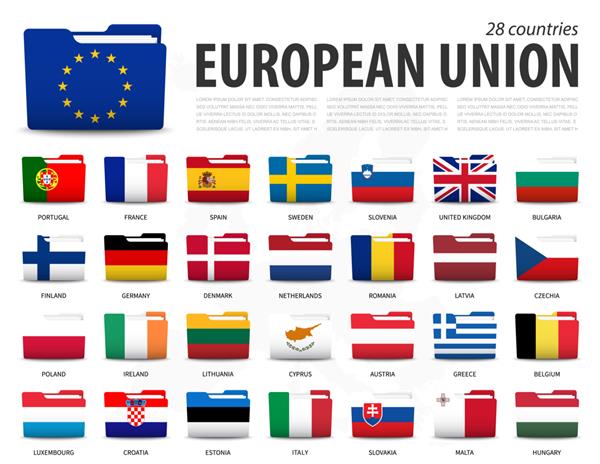 پرچم اتحادیه اروپا eu و عضویت در پس زمینه نقشه اروپا پرچم های پوشه