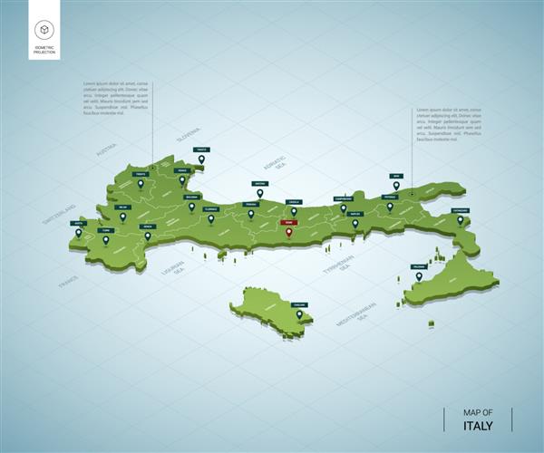 نقشه تلطیف شده از نقشه سبز سه بعدی ایزومتریک ایتالیا با شهرها