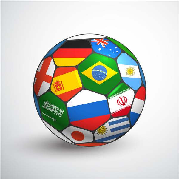 مفهوم قهرمانی فوتبال جهان توپ فوتبال با پرچم های مختلف