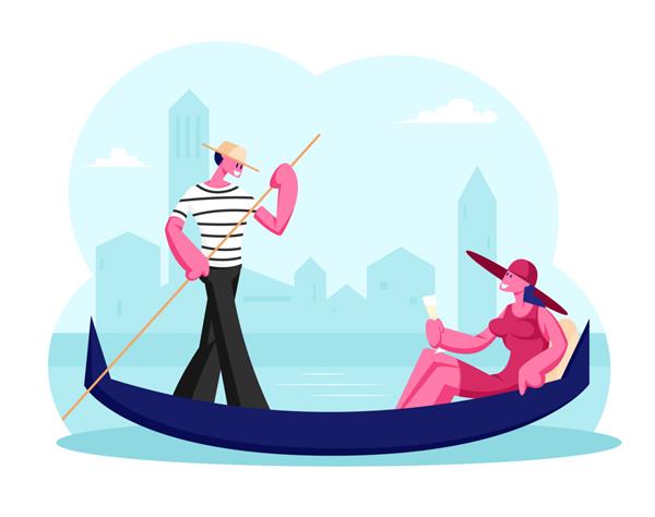 زن شاد نشسته در گوندولا با لیوان شامپاین در دست مرد قایق شناور تله کابین در کانال در ونیز تصویر تخت کارتونی