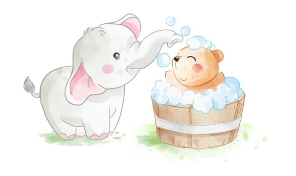 فیل کوچولو در حال دوش گرفتن دوست خرس در تصویر وان حمام چوبی