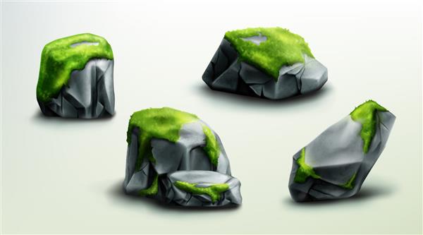 صخره های کوهستانی با سنگ های خزه سبز یا تخته سنگ عناصر طبیعی برای طراحی مواد زمین شناسی با بافت واقعی قطعات صخره ای جدا شده با اشکال مختلف مجموعه تصویری