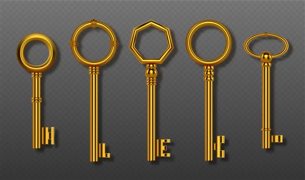 مجموعه کلیدهای طلایی قدیمی مسیر برش مجموعه ای واقع گرایانه از کلیدهای طلایی تزئینی قدیمی برای قفل درب خانه یا گنج و نمادهای براق امنیت مخفی و جدا شده از حریم خصوصی