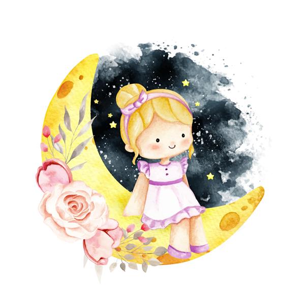 دختر کوچک آبرنگ نشسته روی ماه
