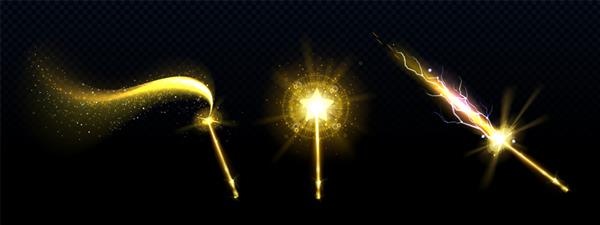 عصای جادویی طلایی با درخشش های ستاره و طلسم جدا شده روی شفاف