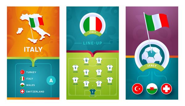 بنر عمودی فوتبال اروپایی تیم ایتالیا برای رسانه های اجتماعی تنظیم شده است ایتالیا یک بنر با نقشه ایزومتریک پرچم پین برنامه مسابقات و ترکیب در زمین فوتبال را گروه بندی کنید