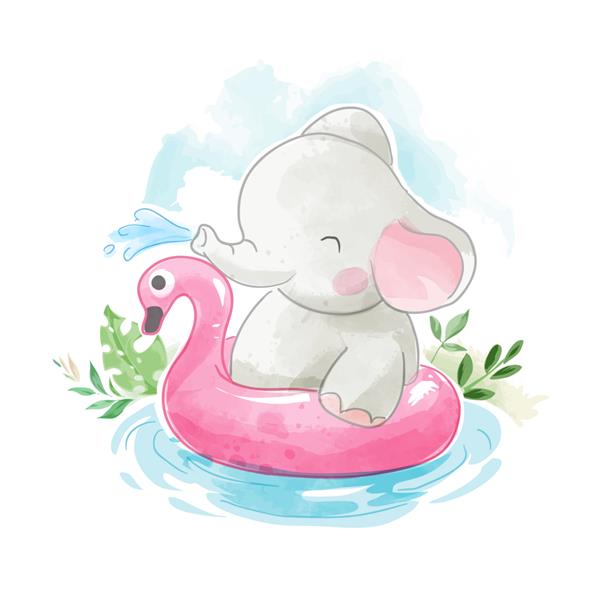 فیل ناز با حلقه شنا در تصویر حوض کوچک