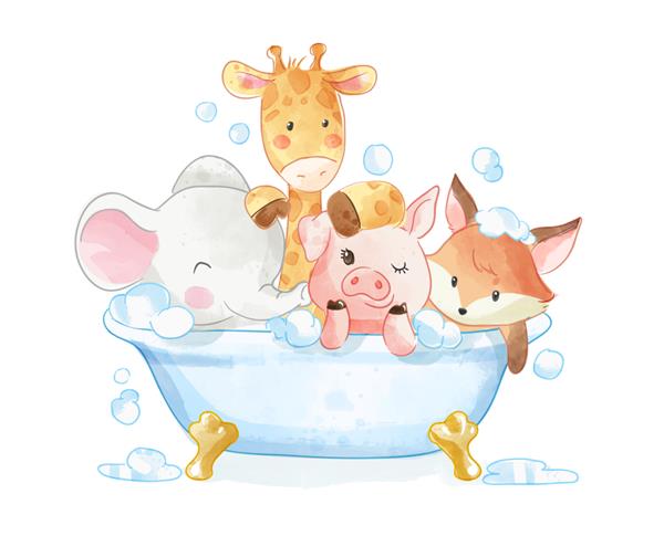 حیوانات کارتونی ناز در حال دوش گرفتن در تصویر وان حمام